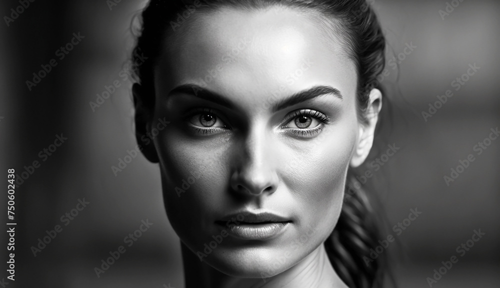 Portrait of a brunette girl with commanding features, black and white version of the photo. Generative AI Portrait of a brunette girl with commanding features, black and white version of the photo. Generative AI