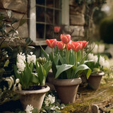 Tulips and hyacinths in flower pots in the garden of cottage.