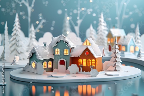 3D Paper Christmas Village in Winter Snow Scene photo