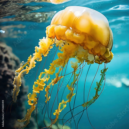 Fringed jellyfish floats under the sea among coral reefs. Underwater world.	