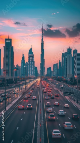 skyline against the backdrop of its busiest highway, showcasing the dynamic cityscape amidst bustling traffic. © lililia