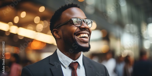 Smiling AfricanAmerican businessman against soft focus backdrop exuding professional contentment. Concept Business Portraits, Professional Headshots, Soft Focus Background, African American Model photo