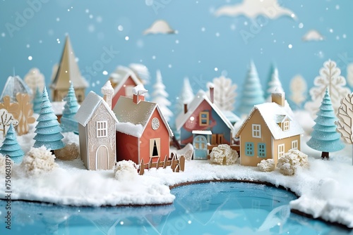 Papercraft Winter Christmas Scene with Snowy Village and Blue Water photo