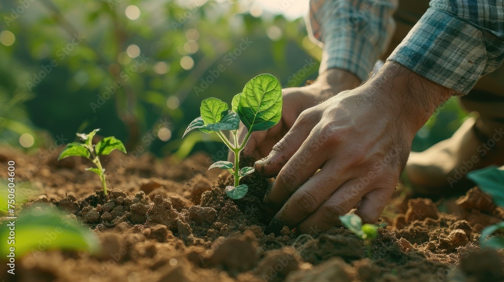 Fototapeta premium a young man delicately plant a seedling, symbolizing hope and growth.