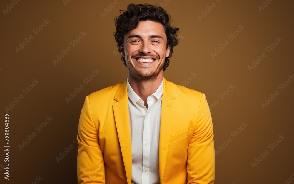 A man in a yellow suit and white shirt is smiling A man in a yellow suit and white shirt is smiling