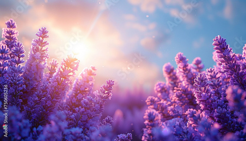 Smooth rows of lavender plants. Lavender blooming flowers bright purple field blue sky sunset. Last rays of sun. Lens flare. Lavender Oil Production. Aromatherapy Lavandin © annebel146