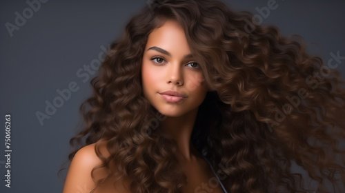 Brunette black girl with long and shiny curly hair. Beautiful model woman with wavy hairstyle. Portrait of a beautiful young African woman. beautiful female fashion model with curly hair.