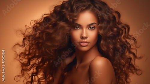 Brunette black girl with long and shiny curly hair. Beautiful model woman with wavy hairstyle. Portrait of a beautiful young African woman. beautiful female fashion model with curly hair.