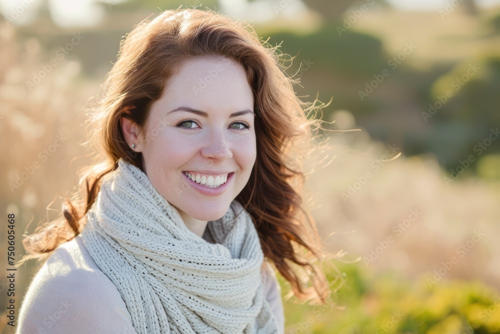 a smiling woman in a peaceful outdoor setting a smiling woman in a peaceful outdoor setting