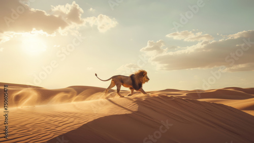 Majestic lion striding across a desert dune at sunset.
