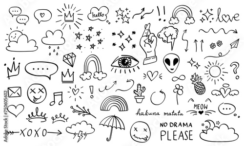 Set of vector doodles on isolated background. Drawings by hand. Arrows, hearts, clouds, rainbows, emoticons, etc. Collection of doodles for your design. Vector EPS 10