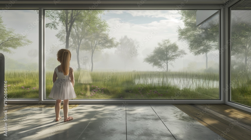 a country house, focusing on new modern plastic windows, while a little girl peers through, evoking innocence and curiosity. a country house, focusing on new modern plastic windows, while a little girl peers through, evoking innocence and curiosity.