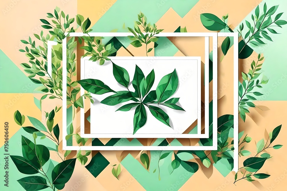 Spring background with green leaves and square frame on trendy geometric backdrop. Vector illustration. Spring background with green leaves and square frame on trendy geometric backdrop. Vector illustration.