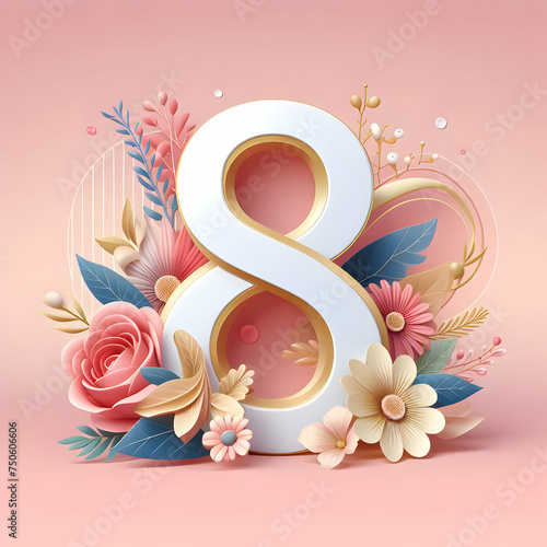 Illustration of number 8  and floral decoration for background and banner for 8th march women's day 