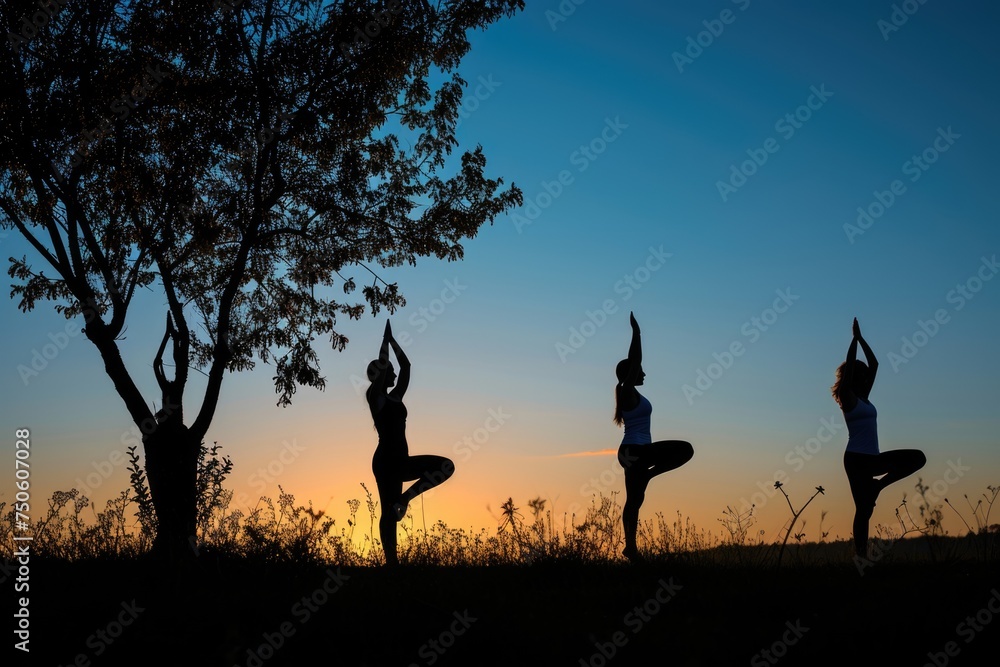 Frame a group of students practicing yoga outdoors at dawn or dusk. Use a silhouette to highlight the poses and tranquility.