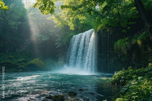 A large waterfall in the middle of a lush green forest © Muh