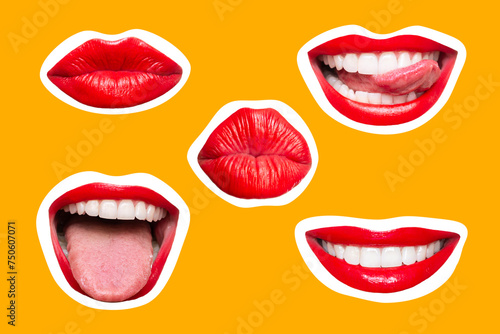 Set of woman s mouths with red glossy lips  smiling  showing tongue  kissing isolated on white yellow background. Smiles  joy  laughter. Contemporary art. Modern design  creative collage. Trendy icons