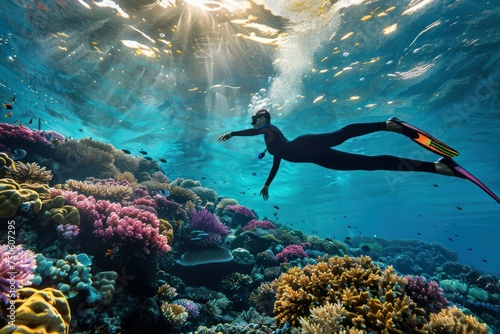 A person in a wet suit is swimming over a coral reef
