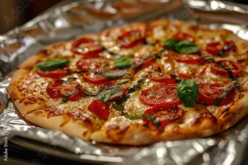 A pizza sitting on top of a piece of tin foil