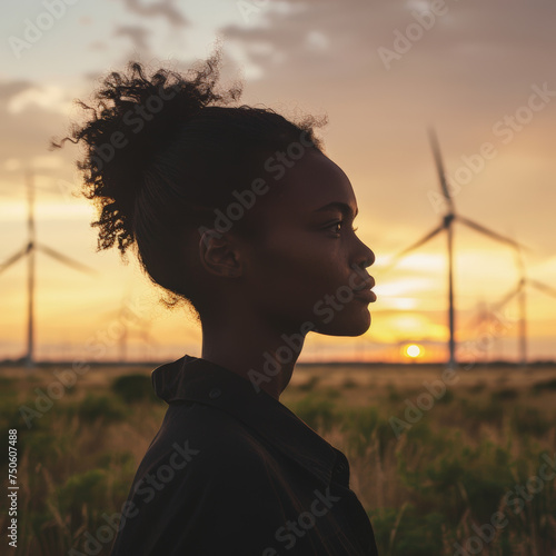 Beautiful black female portrait, wind turbines farm in the background photo