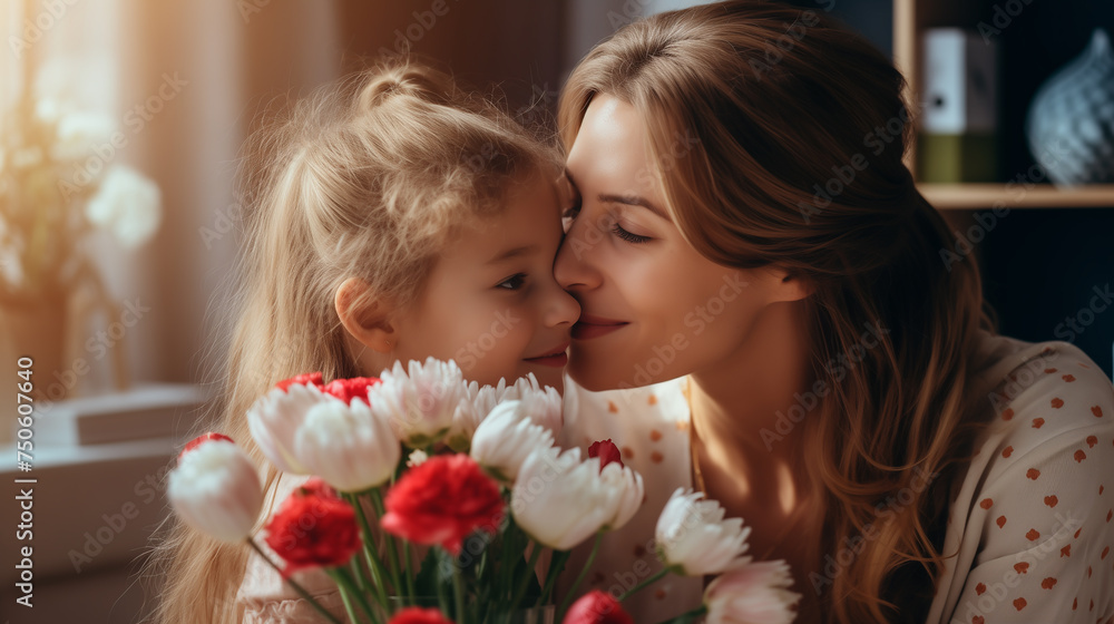 Happy mother's day. Child daughter congratulates mom and gives her flowers. Mum and girl smiling and hugging. Family holiday and togetherness. Cute little girl with her mother. Mother's day concept Happy mother's day. Child daughter congratulates mom and gives her flowers. Mum and girl smiling and hugging. Family holiday and togetherness. Cute little girl with her mother. Mother's day concept