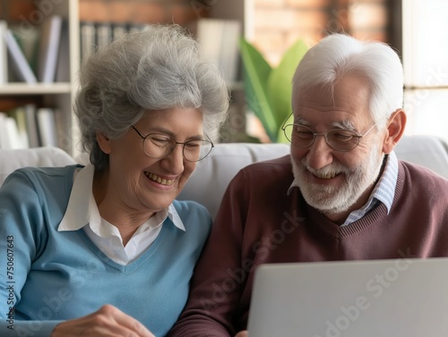An elderly couple smiling as they discover the convenience of online shopping for the first time