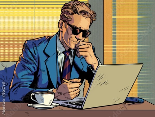 Illustration of a businessman checking his email for order confirmations on his laptop during a coffee break photo