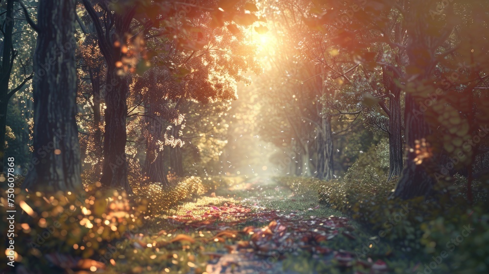 forest with paths between trees, sun shining