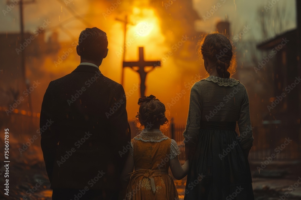 A family stands in front of the cross, a family looks for the silhouette of the cross of Jesus Christ. The concept of Easter. A family stands in front of the cross, a family looks for the silhouette of the cross of Jesus Christ. The concept of Easter.
