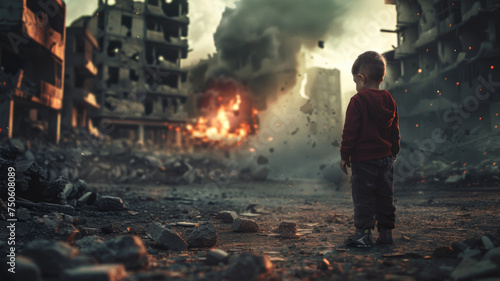 A young child confronts the devastation of war, a powerful juxtaposition of innocence and destruction. photo