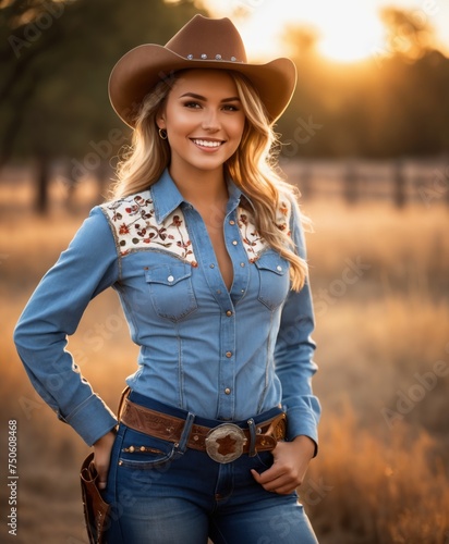 A country girl wearing a cowboy outfit at sunset