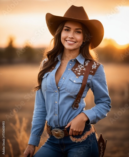 A country girl wearing a cowboy outfit at sunset