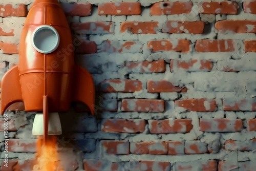 Rocket taking off and brick wall in the background, startup and business concept.