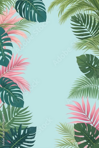 Tropical palm leaves and branches on a blue background, vertical composition