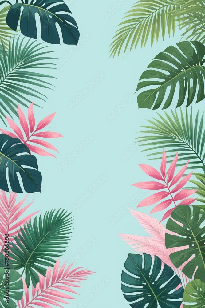 Tropical palm leaves and branches on a blue background, vertical composition