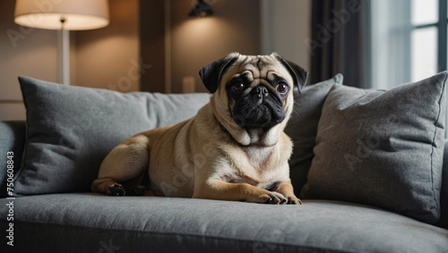 little pug lying on a large sofa in a modern apartment illuminated by a large window