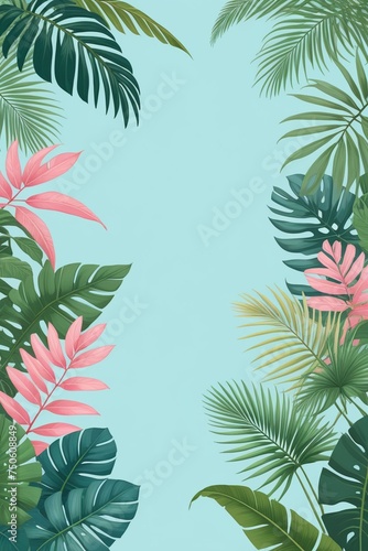 Tropical palm leaves and branches on a blue background, vertical composition