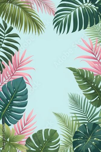 Tropical palm leaves and branches on a blue background, vertical composition © Thanh