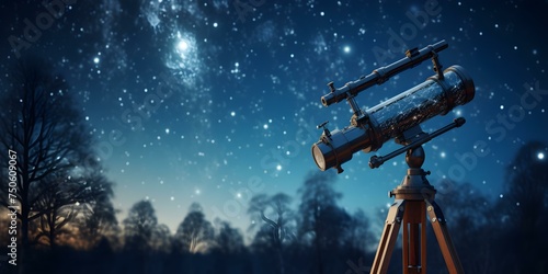 Observing the starlit night sky through a telescope on a wooden tripod. Concept Stargazing  Night Sky  Telescope  Wooden Tripod