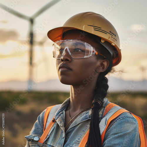 Black female engineer controlling wind turbines farm © VaCity