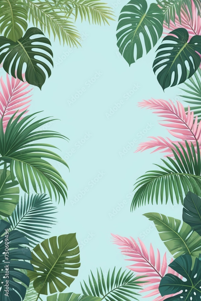 Tropical palm leaves and branches on a blue background, vertical composition