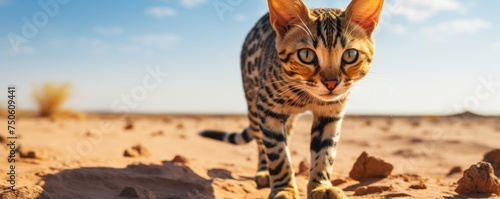 Young and confident Bengal cat walks towards the camera on amazing desert. © Daniela