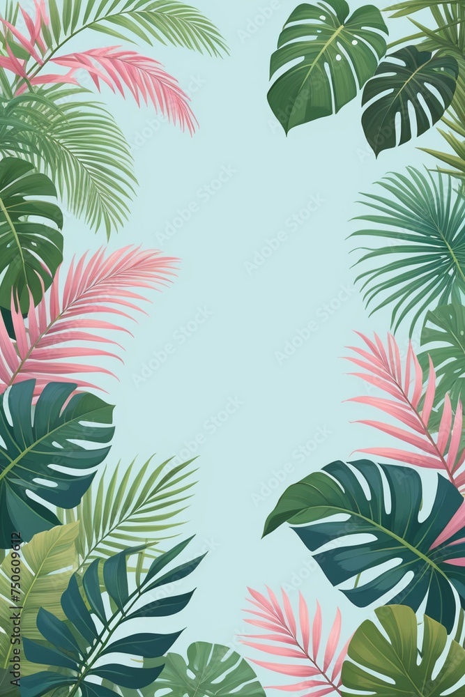 Obraz premium Tropical palm leaves and branches on a blue background, vertical composition