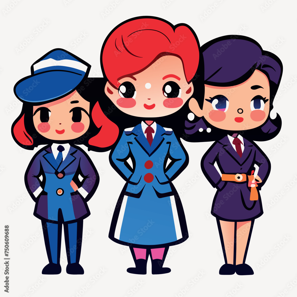 women doctor, military officer, office worker, teacher, cricketer standing together, vector illustration kawaii