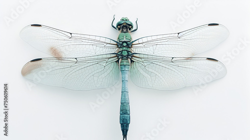 Light blue green dragonfly on white background.  generative ai