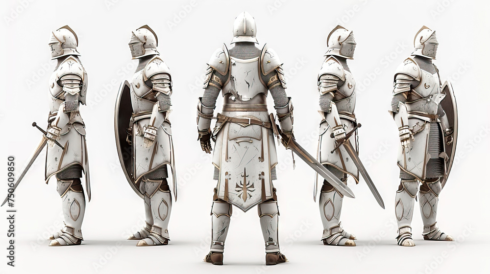 Medieval Knight: A gallant knight in shining armor, wielding a gleaming sword and shield. 3d render in minimal style isolated on white backdrop. Character sheet. Multiple Different Angles - obrazy, fototapety, plakaty 