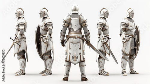 Medieval Knight: A gallant knight in shining armor, wielding a gleaming sword and shield. 3d render in minimal style isolated on white backdrop. Character sheet. Multiple Different Angles photo