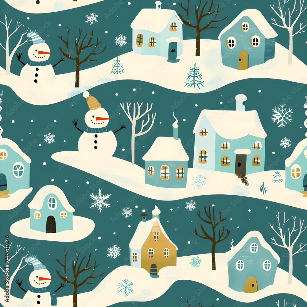 Seamless repeating pattern of snowmen, houses, and snowflakes
