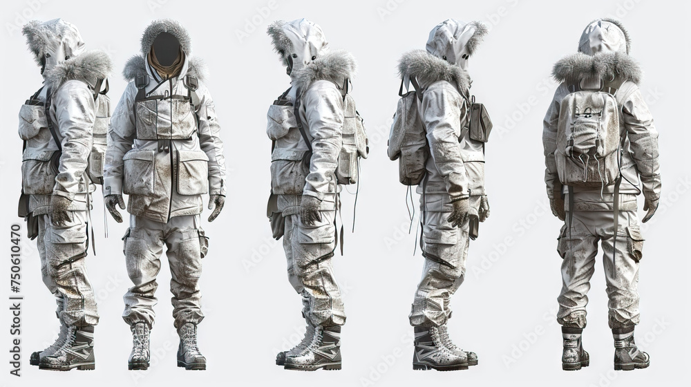 Arctic Expedition Guide: A resilient guide in fur-lined parka and snow boots. 3d render in minimal style isolated on white backdrop. Character sheet. Multiple Different Angles