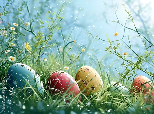Colorful easter eggs in grass. Happy easter background. 